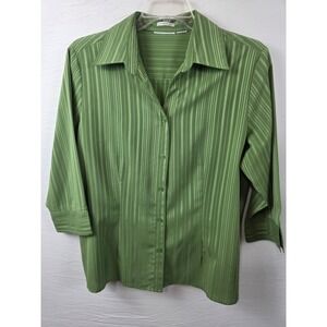 Stretch Womens Olive Green Striped Button Down 3/4 Sleeve Blouse Office Shirt
